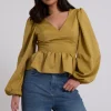 Olive Puff Sleeve Peplum Top