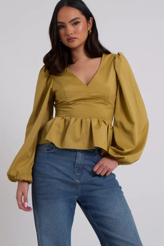 Olive Puff Sleeve Peplum Top