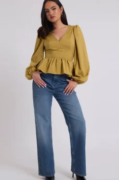 Olive Puff Sleeve Peplum Top