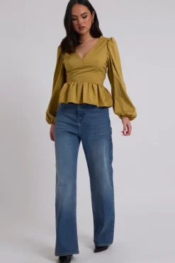 Olive Puff Sleeve Peplum Top