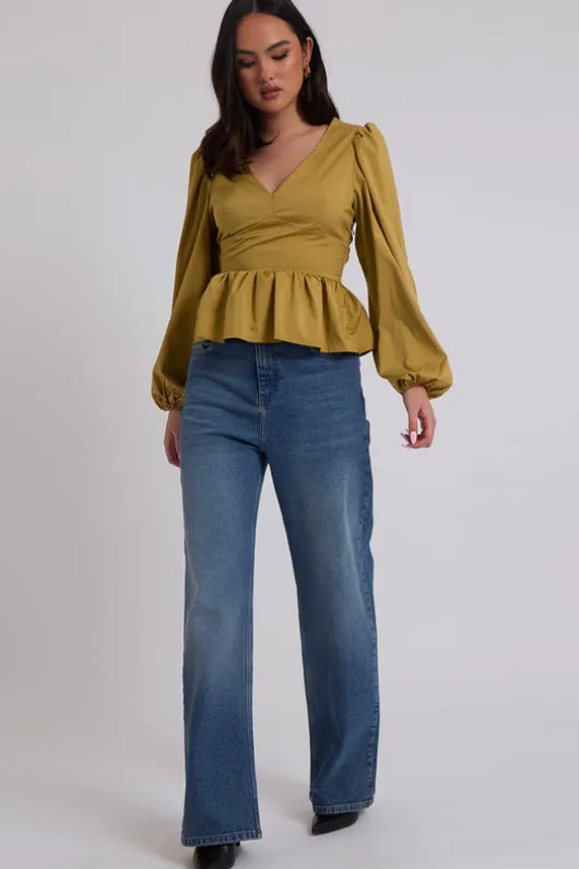 Olive Puff Sleeve Peplum Top