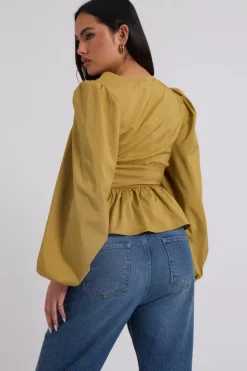 Olive Puff Sleeve Peplum Top