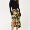 Oriental Black Satin Floral Wrap Midi Skirt