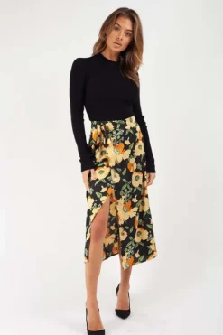 Oriental Black Satin Floral Wrap Midi Skirt