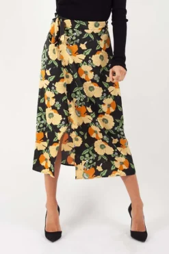 Oriental Black Satin Floral Wrap Midi Skirt