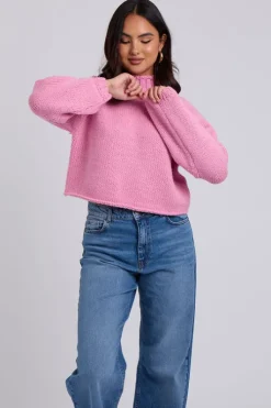 Pink Exposed Seam Roll Neck Jumper