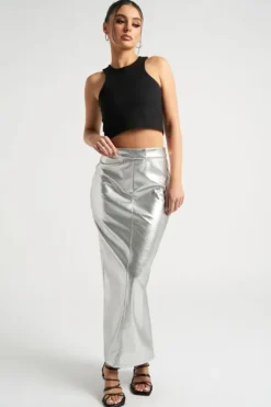 Silver Maxi PU Skirt