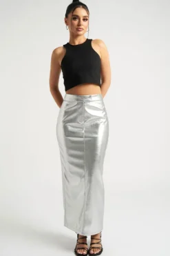 Silver Maxi PU Skirt