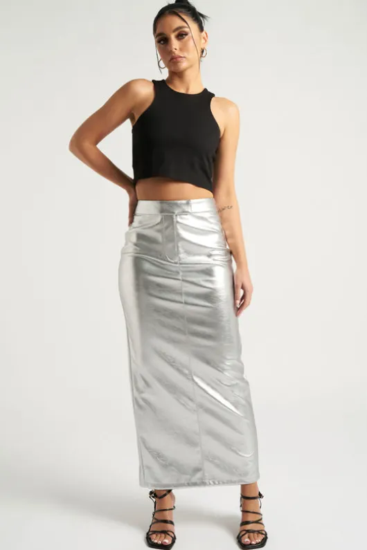 Silver Maxi PU Skirt