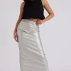 Silver PU Split Back Maxi Skirt