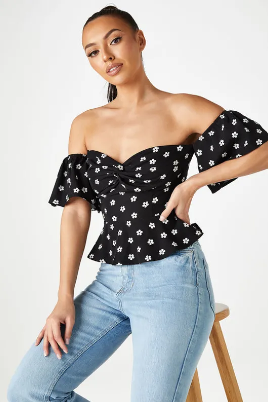 Sophia Floral Twist Front Bardot Top