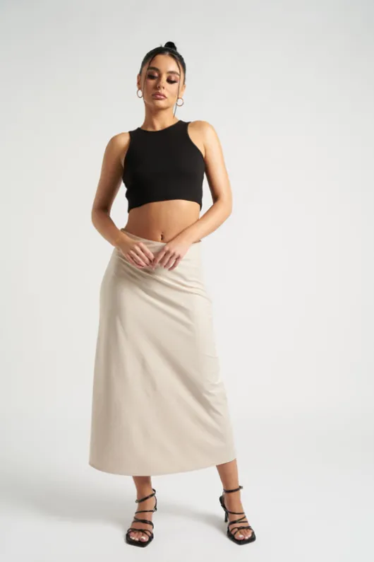 Stone Satin Bias Cut Midi Skirt