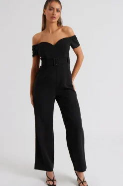 Vienna Black Self Belted Bardot Jumpsuit