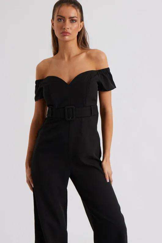 Vienna Black Self Belted Bardot Jumpsuit