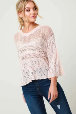 Violet Pink Crochet V Neck Knitted Jumper