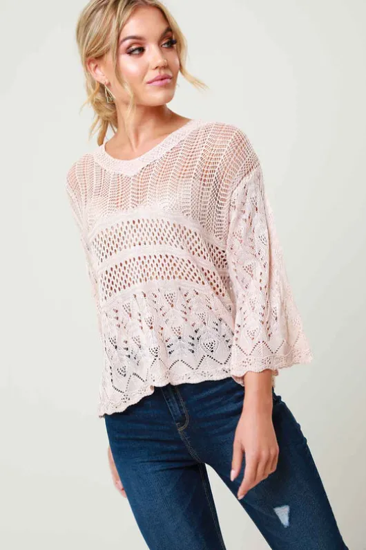 Violet Pink Crochet V Neck Knitted Jumper