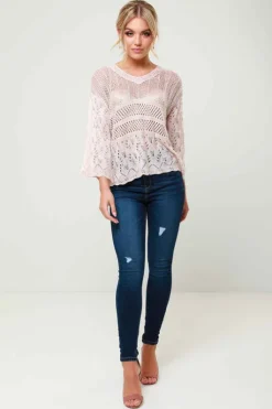 Violet Pink Crochet V Neck Knitted Jumper