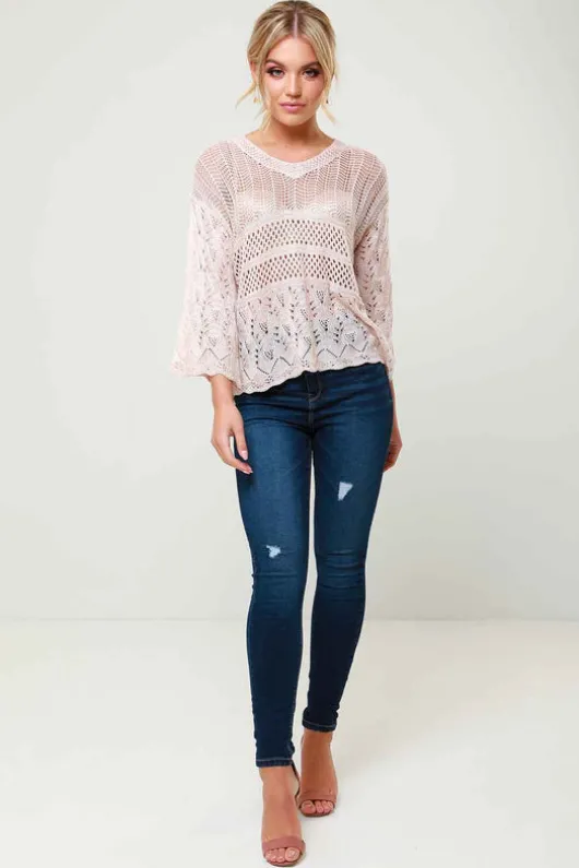 Violet Pink Crochet V Neck Knitted Jumper