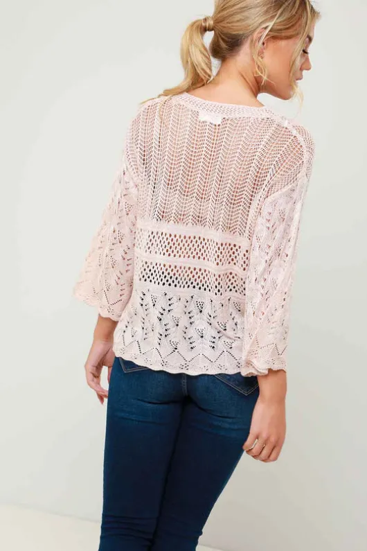 Violet Pink Crochet V Neck Knitted Jumper