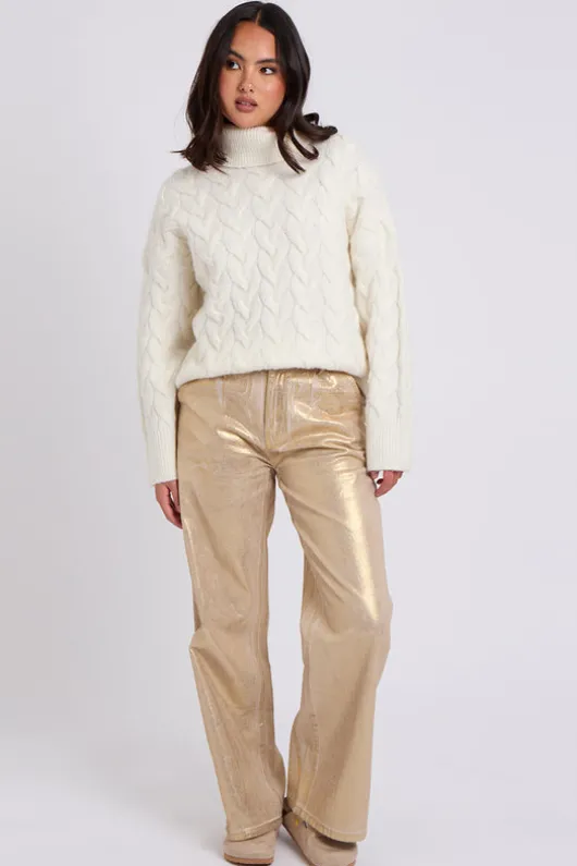 White Cable Roll Neck Jumper