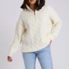 White Cable Zip Neck Jumper