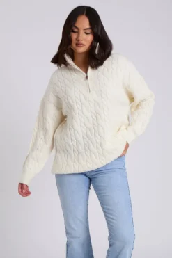 White Cable Zip Neck Jumper