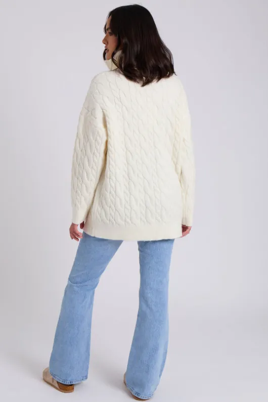 White Cable Zip Neck Jumper