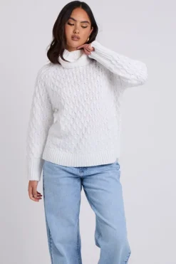 White Honeycomb Cable Roll Neck Jumper