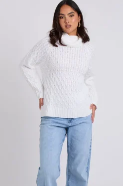 White Honeycomb Cable Roll Neck Jumper