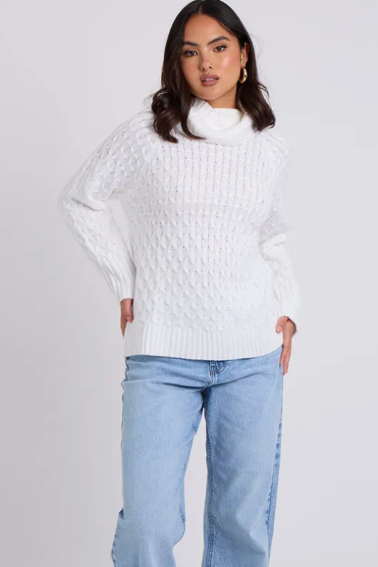White Honeycomb Cable Roll Neck Jumper