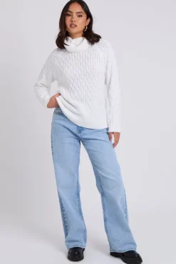 White Honeycomb Cable Roll Neck Jumper
