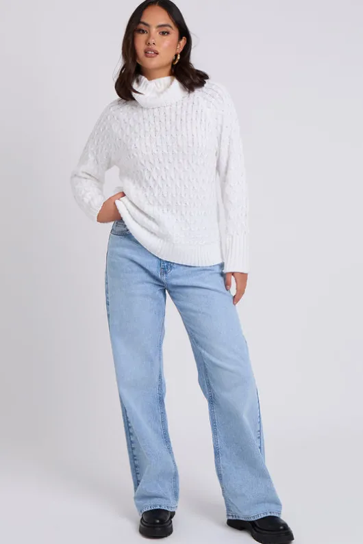 White Honeycomb Cable Roll Neck Jumper