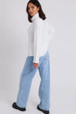 White Honeycomb Cable Roll Neck Jumper